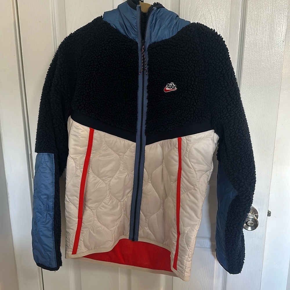 Nike Jacket Mens Medium Blue White Sportswear Heritage Sherpa Fleece Winter Coat